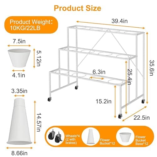 NEYCIL Flower Stand, 3-Tier Flower Display Stand with Buckets for Indoor Outdoor, Flower Cart Display Stand with Wheels for Courtyard, Balcony, Flower Shop, Wedding, Party, Exhibition (White) thumbnail 3