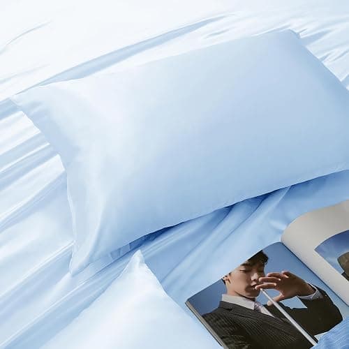 HommxJF Light Blue Satin Pillowcase Standard Set of 2 with Envelope Closure，Light Blue Silk Pillowcase for Hair and Skin (20x26) thumbnail 5