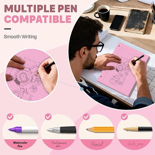 Pink Loose Leaf Paper 8 x 10.5, 120 Sheets Lined Paper College Ruled Paper | 3 Hole Punched Notebook Paper College Ruled, 3 Ring Binder Paper 8 x 10.5, Filler Paper College Ruled for Office, School thumbnail 6