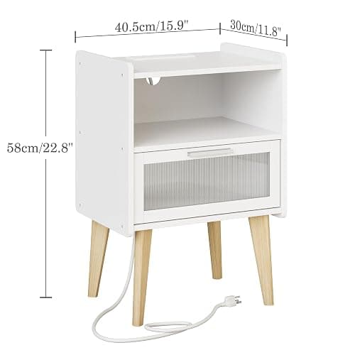 Nightstand with Charging Station, Bedside Tables with Glass Decorative Door, End Table Side Table with 2 Tiers Storage Space, for Bedroom, Living Room, White CAMLBZ07WE thumbnail 3