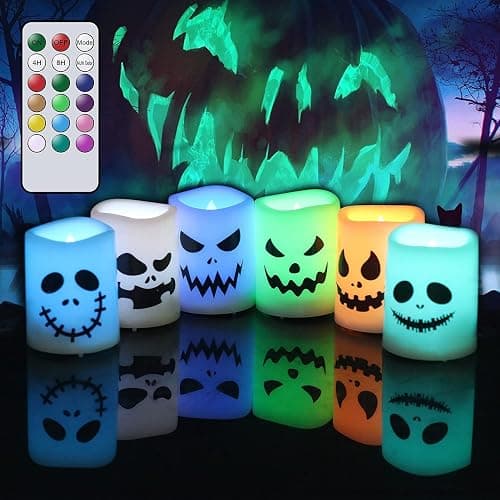 GenSwin Halloween Flameless Votive Candles Color Changing with Remote Timer | Battery Included, LED Tealight Candles for Home Halloween Decoration Gifts, 6 Pack, 1.5” x 2” - Image 1
