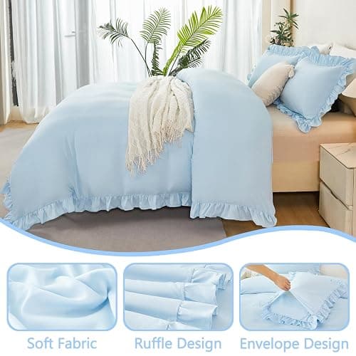 ZSYAYAHA Twin Size Duvet Cover Set Light Blue Ruffle Comforter Covet Set for Girls Kids Teens 3 Pieces Soft Microfiber Bedding Set All Seasons(Light Blue, Twin) thumbnail 5