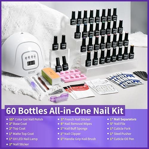 JODSONE 60 Bottles of Gel Nail Polish Kit with U V Light 55 Kinds of Gorgeous and Charming Gel Polish Kit 5 Pieces Soak off Glossy Matte Top Coat Base Coat thumbnail 3