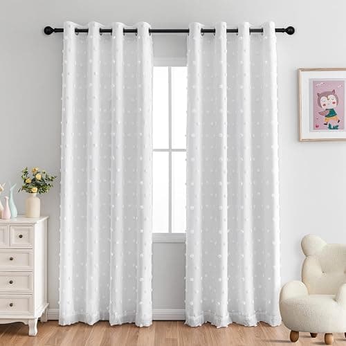 MYSKY HOME 100% White Blackout Curtains for Living Room Bedroom 84 Inches Long Total Light Blocking Drapes for Girls Room Thermal Insulated Curtains with Pom Pom Sheer Grommet Set of 2, 50W x 84L - Image 1