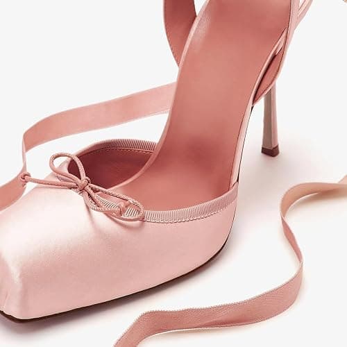 NSZPD Women's Satin Ballet Slingback High Heels with Bows Closed Square Toe Lace-Up Stiletto Pumps Elegant Mary Jane Wedding Party Shoes thumbnail 3