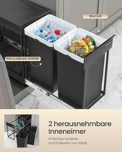 SONGMICS Mülleimer küche, Mülltrennsystem für Unterschrank, 2 x 15 L, Abfalleimer 2 Fächer, ausziehbar, Stahlrahmen, ABS-Deckel, tintenschwarz LTB950B01 thumbnail 5