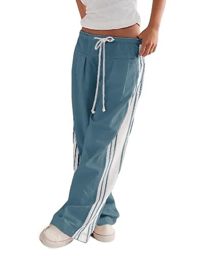 Hongsui Women's Wide Leg Pants Drawstring High Rise Side Striped Slouchy Palazzo Pants with Pockets - Image 1