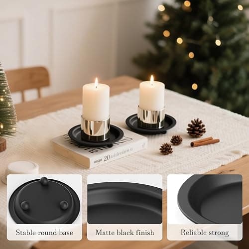 Beeutik Black Candle Candlestick Holder Decor, 4.13 Inch Round Candles Tray Holders Set of 2, Iron Plate Candle Stand for Pillar Ball Candles, Metal Porta Velas for Home Decor Table Centerpiece thumbnail 4