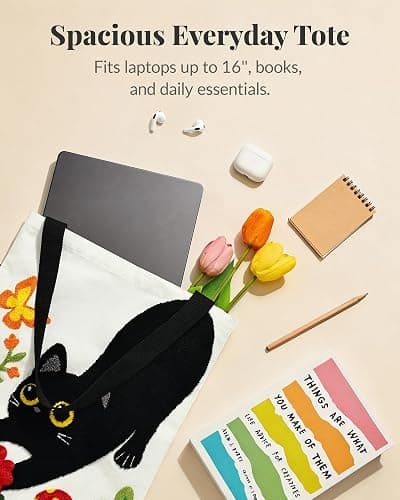 Jeasona Canvas Tote Bag for Women,Cute 3D Black Cat & Flowers Reusable Embroidered Canvas Shoulder Bag thumbnail 5