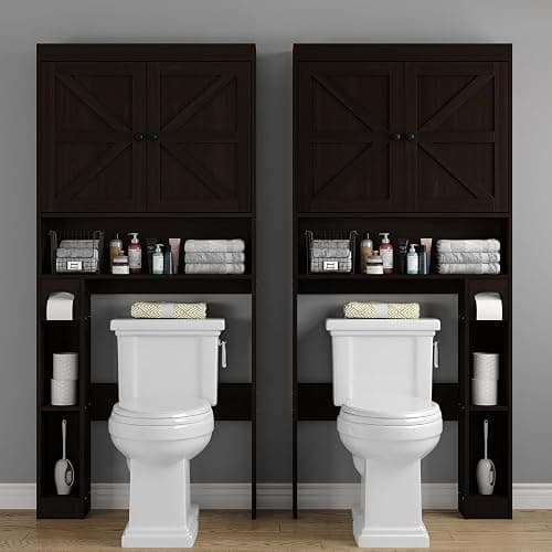Furnideco 32.3''W Over The Toilet Storage Cabinet with Barn Doors, Over Toilet Shelf Farmhouse Storage Cabinet Space Saver with Toilet Paper Holder & Adjustable Bottom Bar, Espresso thumbnail 4