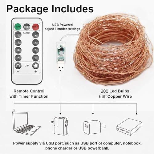 Twinkle Star 200 LED 66 FT Copper Fairy String Lights 8 Modes LED, USB Powered with Remote Control for Christmas Tree Wedding Party Home Decoration, Warm White thumbnail 7