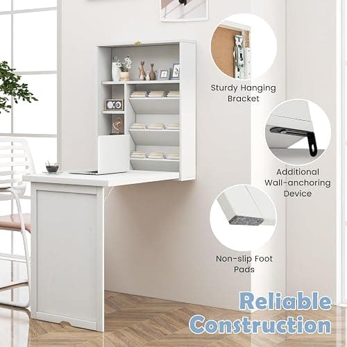 Tangkula Foldable Wall Mounted Desk, Floating Table with Storage Shelves & Hooks, Space-Saving Fold-Up Murphy Desk for Small Spaces, Home Office, Dorm Room thumbnail 5
