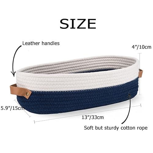 Oradrem Toilet Basket,Woven Storage Basket for Toilet Tank Top Farmhouse Home Decor Organizing Baskets 13"x5.9"x4" Navy Stitching White thumbnail 5