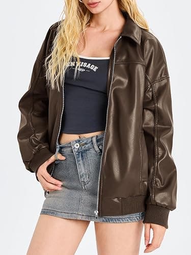 Tankaneo Womens Faux Leather Jackets Oversized Bomber Casual Fall Fashion Zip Up Moto Biker Coats thumbnail 2