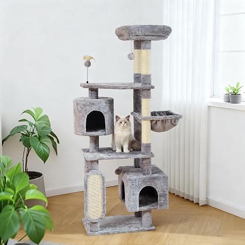 Hoopet 70-Inch Large Cat Tree for Multiple Cats Cat Tower with 2 Condos, Scratching Posts, Hammock & Platform, Plush Perch for Indoor Activity Relaxing Easy Assembly Grey thumbnail 5