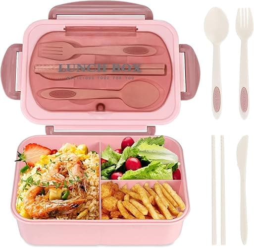 WILDAURORA Bento Box for Adult, 1200 ML Lunch Containers for Adults, LeakProof Lunch Box with Utensils, BPA Free, 3 Compartment Bento Box Microwave Safe - Pink - Image 1