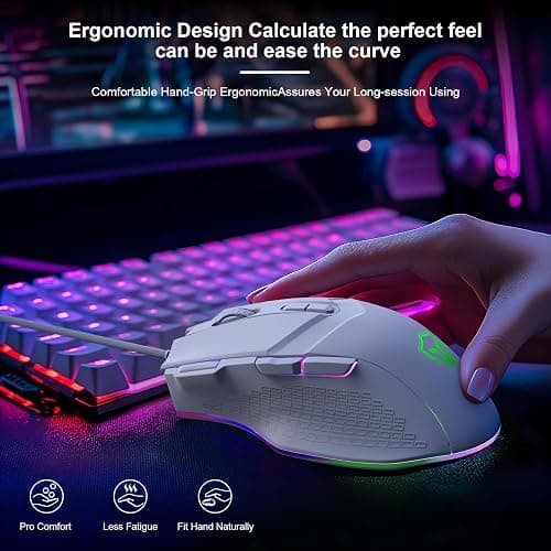 LEWENTECH Gaming Mouse 6 Adjustable DPI Up to 7200 Wired PC Gaming Mouse 8 Programmable Buttons 13 Adjustable RGB LED Modes 1.5 M Drag-Free Paracord Ergonomic Mouse Windows/PC/Mac/Laptop (White) thumbnail 4
