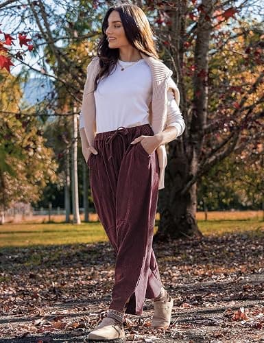 TARSE Womens Corduroy Baggy Harem Pants | Casual Loose Fit Wide Leg Pants, Elastic Waist Baggy Barrel Trousers, Side Pockets, Lounge Soft warm thumbnail 3