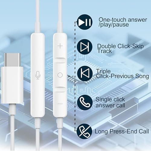1 Pack-USB C Headphones for iPhone 15 Pro Earbuds Type C Wired Earphones with Mic & Remote Control Noise Cancelling for iPhone 15 Pro/PM, iPad Pro, Galaxy S23/S22/S21/Ultra Note 10/20, Pixel 7/6/6 thumbnail 4