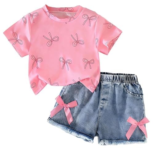 Azmxynol Kid Girls Clothes Outfits Bowknot T-Shirt + 2 In 1 Denim Short Skort Summer Clothing Set, Size 4-10 Years - Image 1
