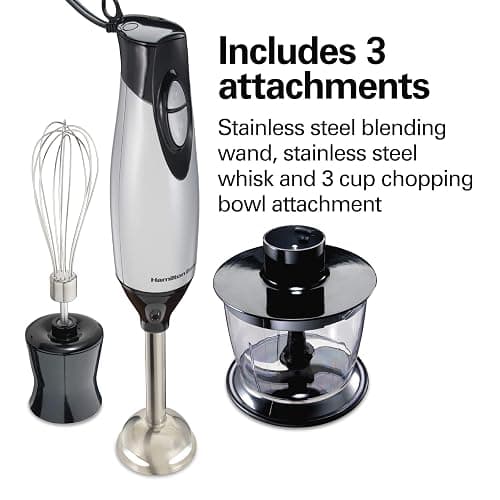 Hamilton Beach 4-in-1 Electric Immersion Hand Blender with Handheld Blending Stick, Whisk + 3-Cup Food & Vegetable Chopper Bowl, 2-Speeds, 225 Watts, Silver and Stainless Steel (59765) thumbnail 7