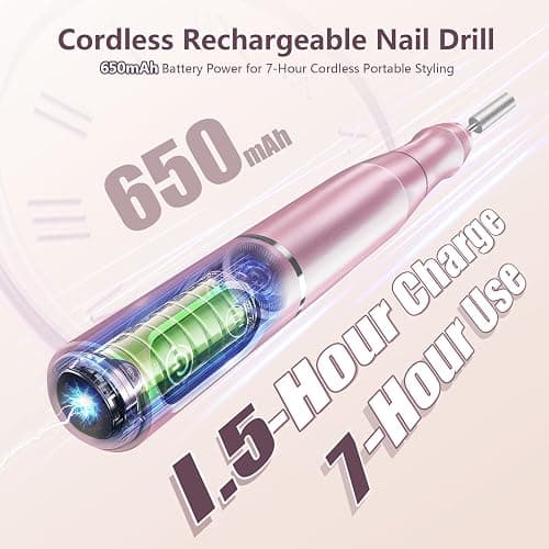 TUOBEO Cordless Nail Drill Electric Rechargeable File Kit, Professional Efile Acrylic Gel Nail Polish Remover Pedicure Manicure Machine Portable Set with 11 Bits 56 Sanding Bands (Pink) thumbnail 2