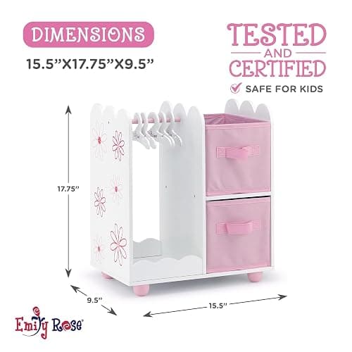 Emily Rose 18 Inch Doll Wardrobe Closet Organizer - Open Storage Armoire with Hangers & Bins - Wooden Furniture for American Girl Dolls - Floral Design thumbnail 2