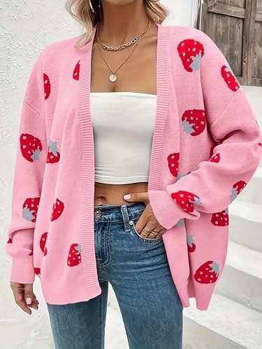 SECRETEYARD Women's Plus Size Strawberry Floral Print Long Sleeve Open Front Knit Cardigan Sweater thumbnail 3