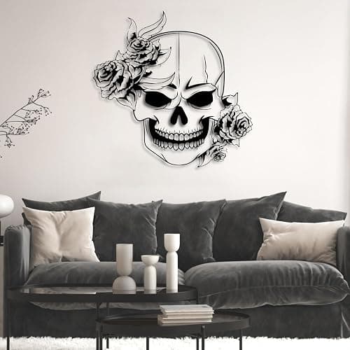 sugar skull metal wall art, Skull Metal Wall Art, Gothic Metal Wall Decor, Skeleton Metal Wall Art, Skull Metal Wall Decor, Halloween Wall Art, Home Office Decoration Bedroom Living Room Decor Sculpture (23.6"x23.6"|60x60cm, Black) - 23L"x23 - Black - Image 1