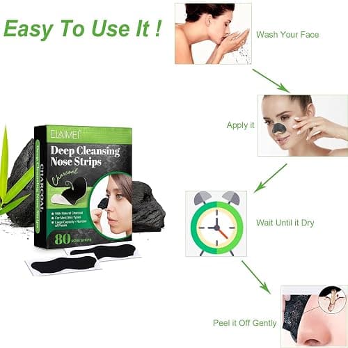 ELAIMEI Pore Strips, 80 Pcs, Natural Charcoal Blackhead Remover Strips for All Skin Types, Pore Deep Cleansing & Minimizing Nose Strips, Instant Unclogging thumbnail 5