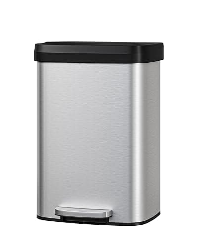 Garvee 13 gal / 50 L Stainless Steel Trash Can with Lid, Large Garbage Can for Kitchen, Rustproof Step-on Kitchen Metal Trash Bin with Liner Rim, Rear Handle, Soft Close Plastic Lid, Silver - Image 1