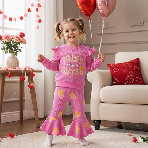 Socutebabe Toddler Baby Girl Valentines Day Outfit Fries Before Guys Sweatshirt Long Sleeve Pullover Flare Pants Cute Clothes thumbnail 5