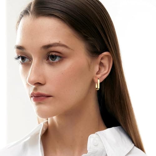 925 Sterling Silver Hoop Earrings for Women Small Square Hypoallergenic 14K Gold Plated Hoop Earrings Geometric Minimalist Rectangle Hoops thumbnail 5