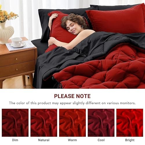 MUXHOMO 7 Pieces Full Comforter Set, Reversible Bed in a Bag Full Size, All Season Bedding Set with Comforter, Flat Sheet, Fitted Sheet, Pillowcases & Shams, Red & Black thumbnail 4