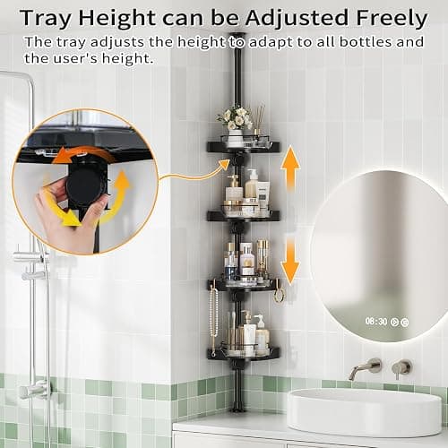 shuang qing 360° Rotating Corner Shower Caddy Tension Pole Organizer - 4-Tier Adjustable Rustproof Metal Pole, Plastic Shelves with Safety Guardrail, Bathroom Storage for Shower & Bathtub(Black) thumbnail 4