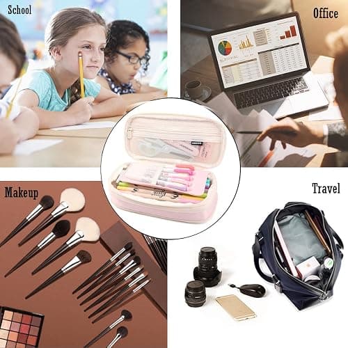 MAMUNU Expandable Pencil case with compartments, Large Capacity Pencil Cases Pencil Bag Pouch Office School, Portable Pencil Case Large School Stationery Organizer, Makeup Cosmetic Bag, Pink thumbnail 8