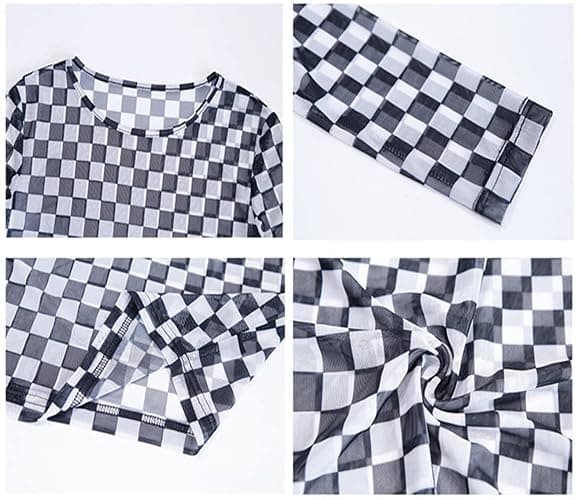 KACAOAC Women's Long Sleeve Checkered Print Sexy See Through Sheer Mesh Crop Top Tee T Shirts thumbnail 4