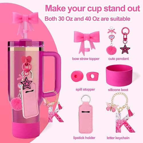 AIERSA 9PCS Cup Accessories Set for Stanley Cup 30oz 40oz Tumbler with Handle, Including Bow Straw Topper Cover Cap and Boot, Spill Proof Stopper, Initials Letter Charms for Handle, Pink Keychain (K) thumbnail 3