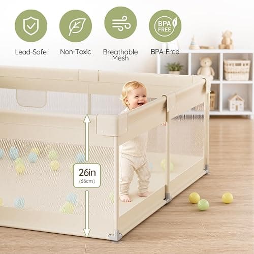Uanlauo Beige Small Baby Playpen - 47x47in Playpen for Babies and Toddlers | Safe Indoor Play Pen, Baby Pen with Side Storage Bag and Breathable Mesh, Playard with 2 pull-up rings, Anti-slip Suction Cup thumbnail 2