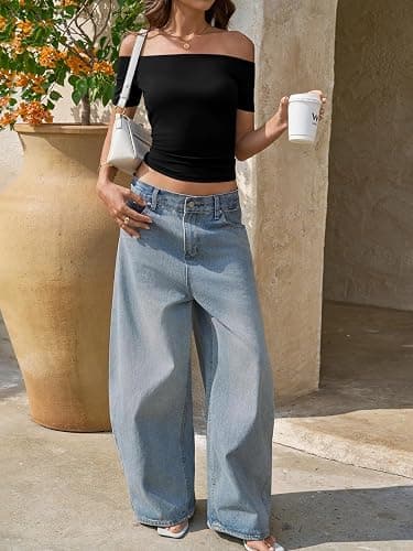 Fisoew Off The Shoulder Tops for Women - Going Out Summer Short Sleeve Shirts Cute Y2k Sexy 2026 Date Basic Outfits thumbnail 5