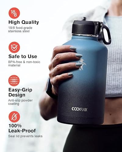 Half Gallon Water Bottle Insulated with Straw & 3 Lids, Coolflask 64 oz Water Jug Large Metal Stainless Steel Wide Mouth for Sports, Gym or Office, Non-BPA Keep Cold 48H Hot 24H, Samurai Cyan thumbnail 3