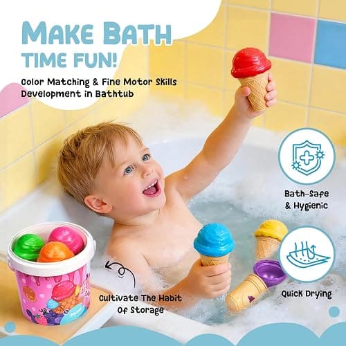 JoyCat Ice Cream Toy Set for Toddlers 1-5,Color Sorting & Stacking Toys | Match colors, stack scoops and serve pretend ice cream; included 7 cones and scoops support counting and little-hand play thumbnail 8