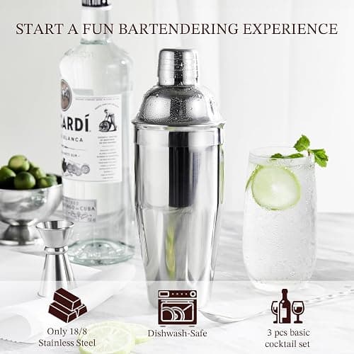 Cocktail Shaker, KITESSENSU 24oz Drink Shaker with Bartender Strainer, Measuring Jigger, Bar Mixing Spoon, Cocktail Recipe Guide, Professional Drink Mixer Set for Beginners, Silver thumbnail 5