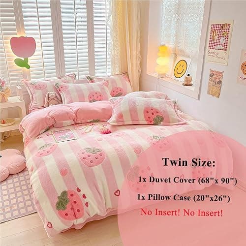 OranFran Pink Strawberry Kids Duvet Cover Set Cute Kawaii Bedding Set Twin Size Snowflake Fluffy Comforter Cover Blanket Soft Reversible Duvet Cover Room Decor (Strawberry,Twin) thumbnail 2