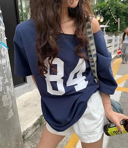 One Shoulder Oversized Tshirts Short Sleeve Y2k Baby Tees Summer Crop Top Jersey Off Shouder Graphic Tee Women - One Size - Blue thumbnail 7