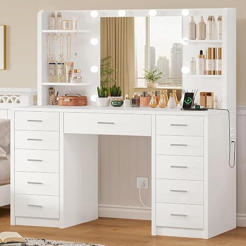 FIONESO Large Vanity Desk with Mirror and Lights, Makeup Vanity with 11 Drawers & 6 Open Shelves, 3 Lighting Modes, Brightness Adjustable, Vanity for Girls, White - Image 1