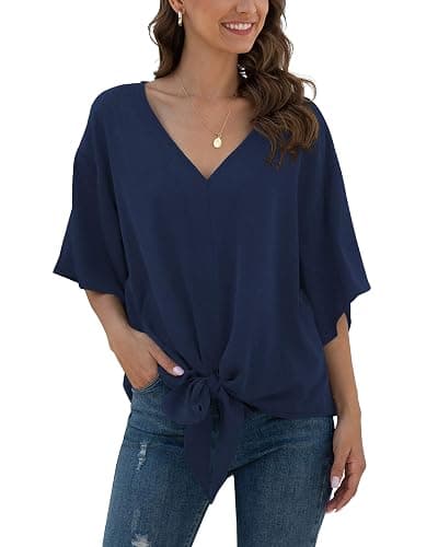 VIISHOW Womens Tie Front Chiffon Blouses V Neck Batwing Short Sleeve Summer Floral Tops Shirts thumbnail 2