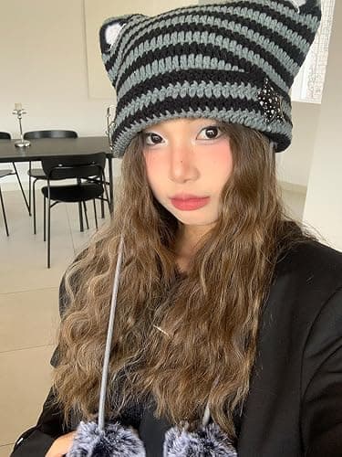 Y2k Beanie Cat Ear Gyaru Acubi Devil Crochet Hats Cute Kawaii Star Grunge Aesthetic Pompoms Cutecore Y2k Harajuku Clothes thumbnail 2