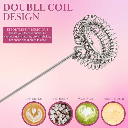 Paris Hilton Electric Handheld Milk Frother with Double Coil Head Whisk and Gold Metal Stand, Battery Powered (2 AA Batteries Required but Not Included), Pink thumbnail 4