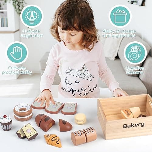 kienvy 10 PCS Bakery Wooden Play Food Set for Kids Kitchen, Wooden Food Cutting Toys, Pretend Play Kitchen Food Toy Accessories with Storage Box, Christmas Birthday Present for Toddlers & Kids Ages 3+ - Bakery thumbnail 4